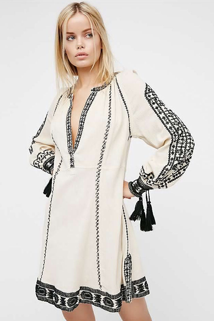 Fringe Ethnic Embroidered Long Sleeve Boho Style Mini Dress - White Fashionpara