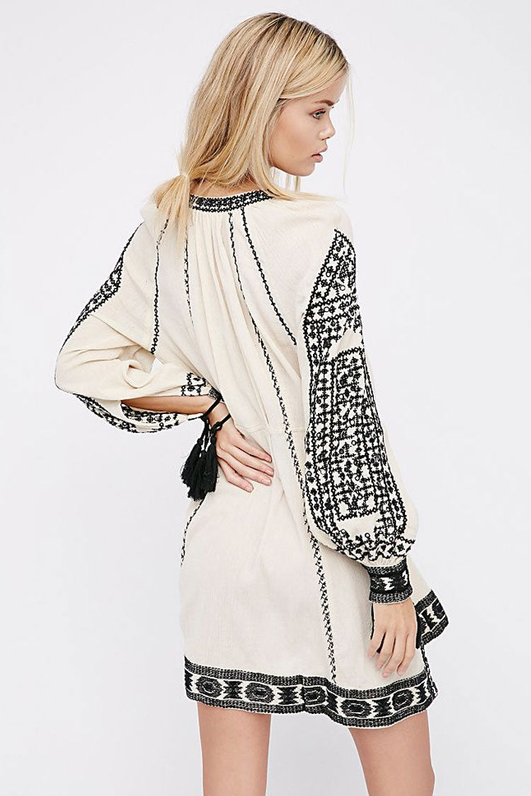 Fringe Ethnic Embroidered Long Sleeve Boho Style Mini Dress - White Fashionpara