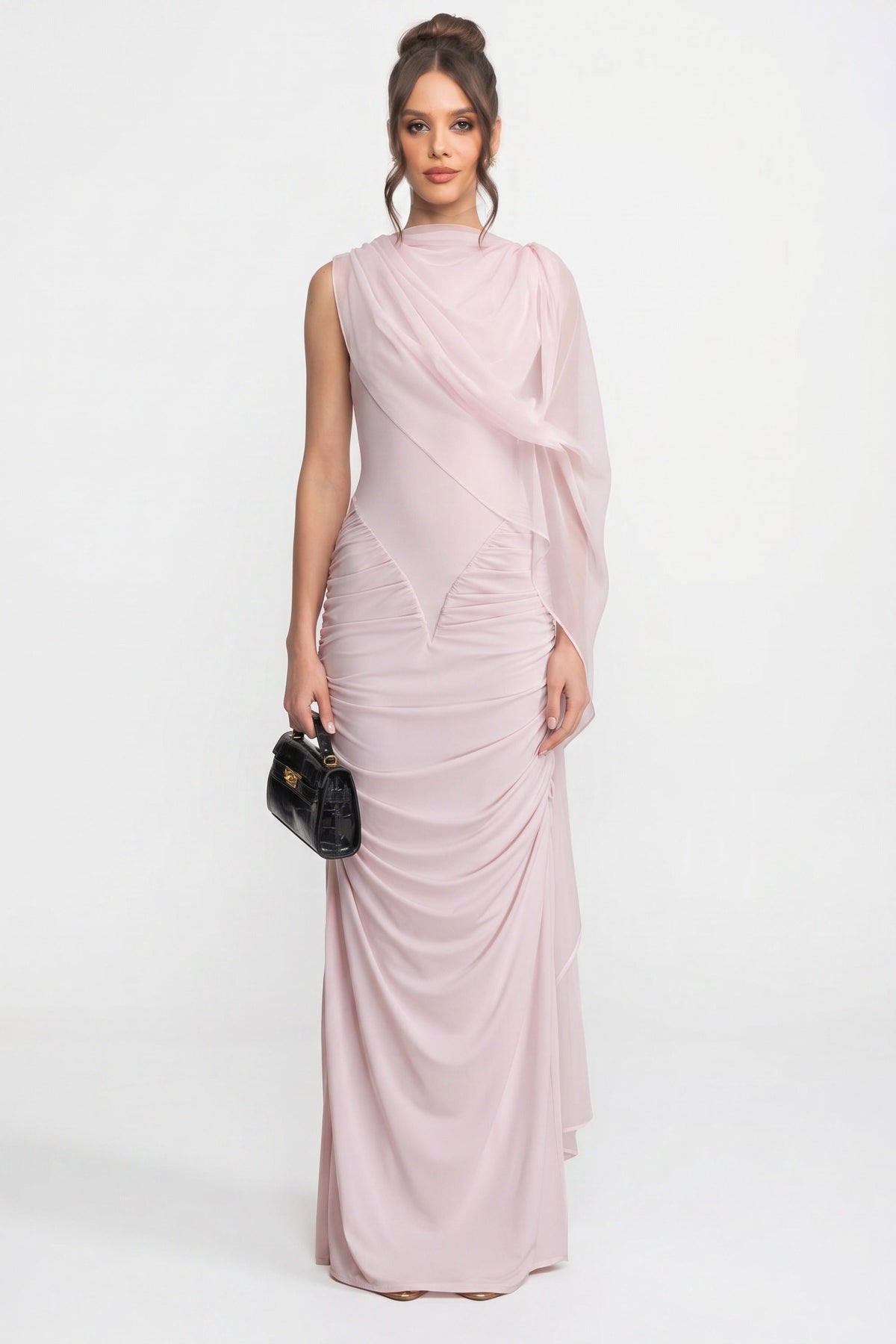 One Shoulder Sheer Drape Overlay Ruched Maxi Gown
