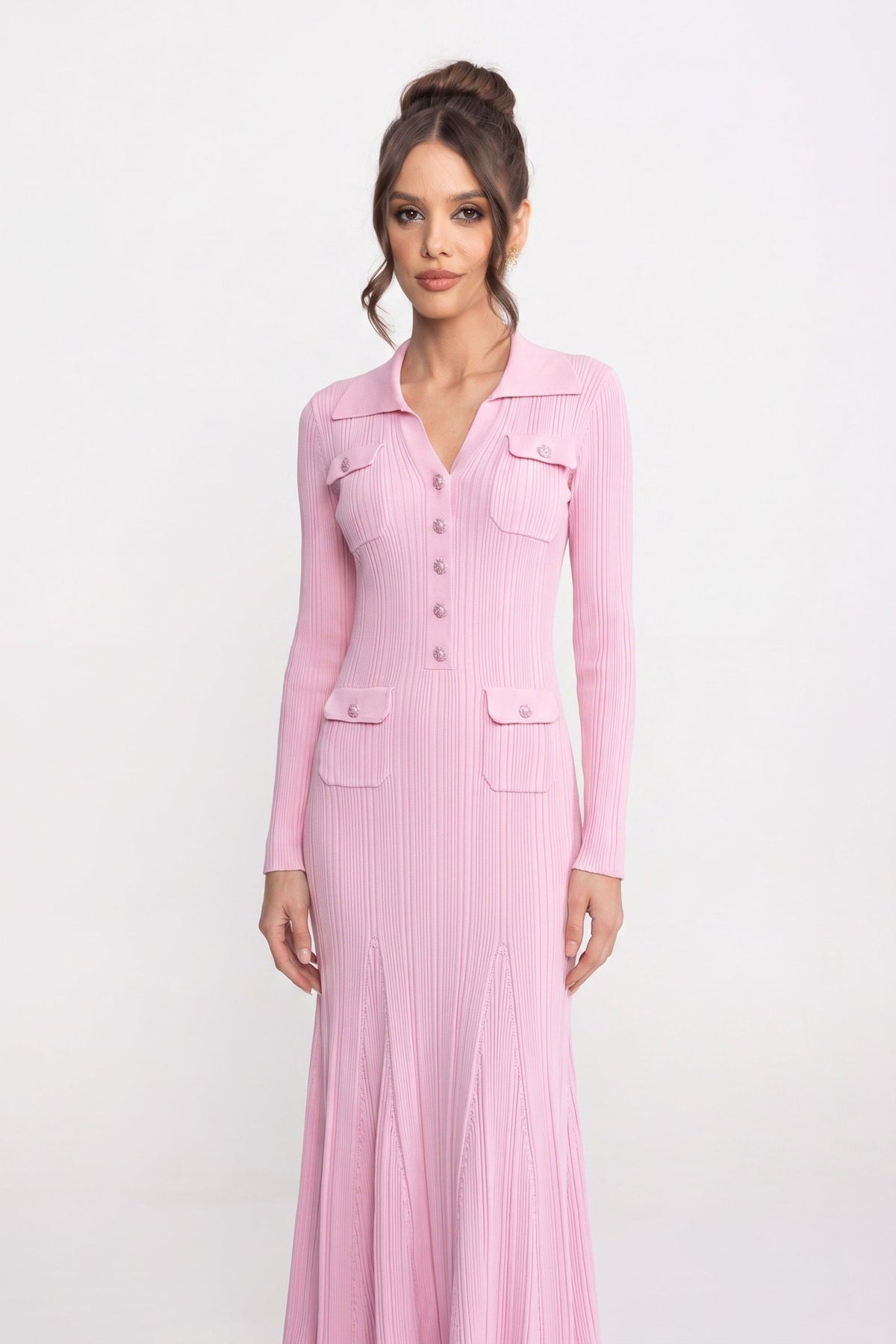 Long-Sleeve Button-Front Knit Maxi Dress With Patch Pockets - Pink - View 3