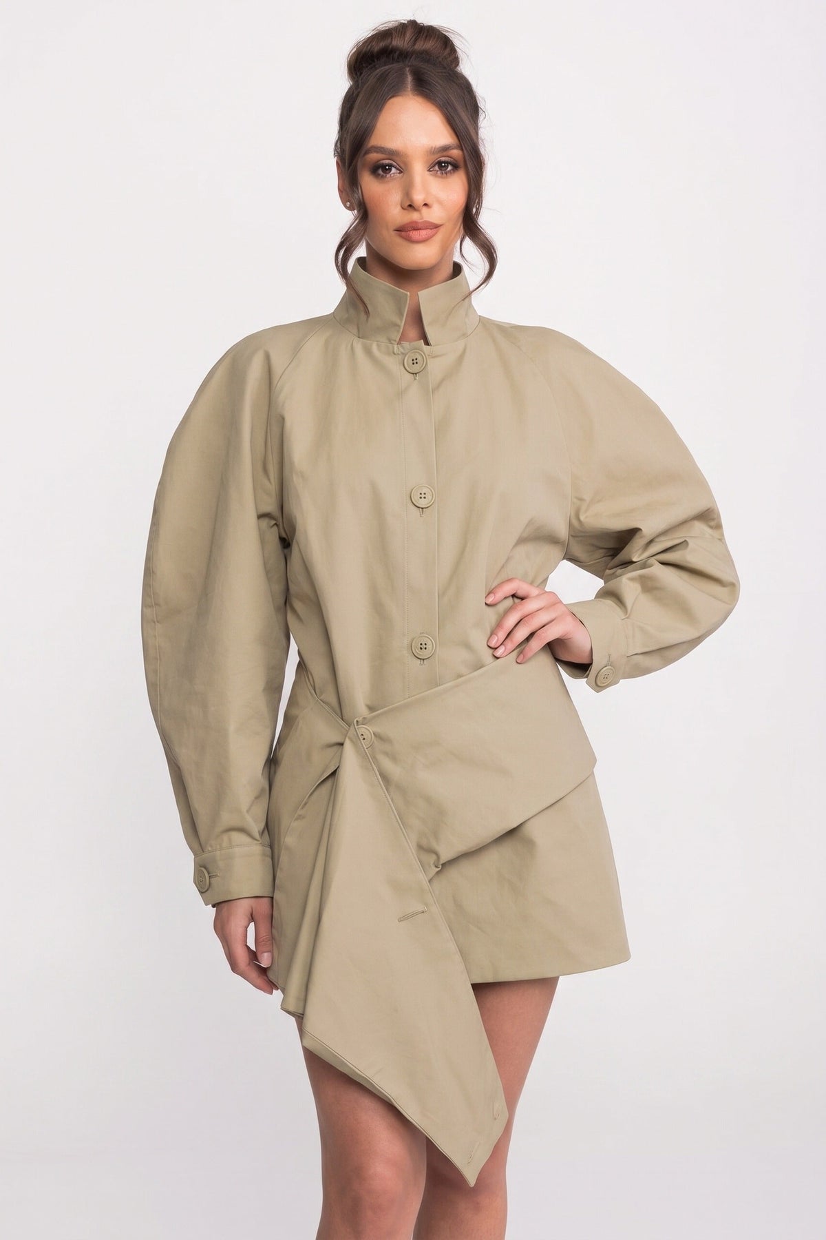 Button Front Puff Sleeve Belted Wrap Tie Asymmetric Hem Mini Dress - View 3