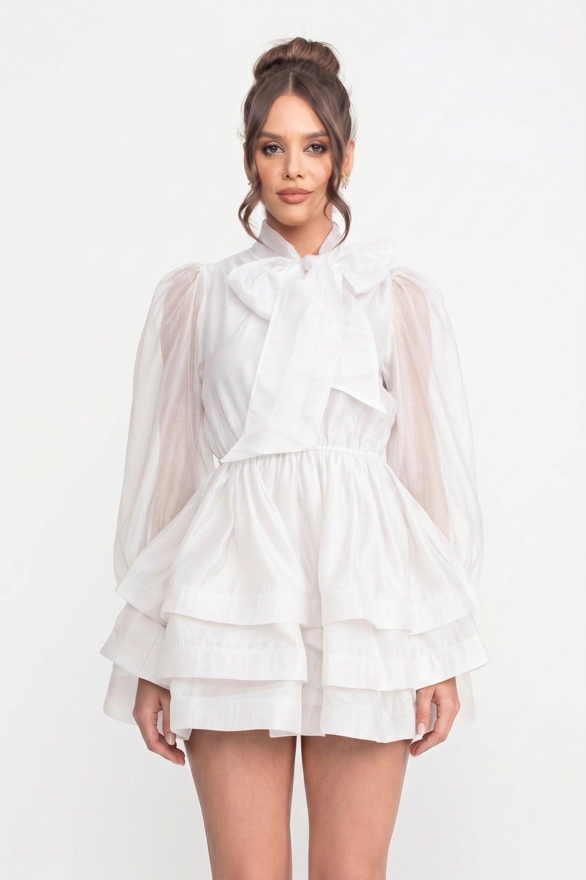 High-Neck Puff-Sleeve Mini Dress - White