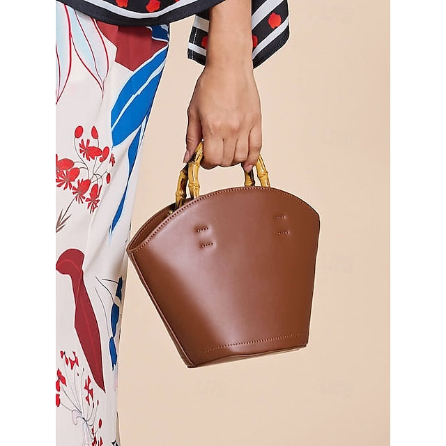 Bucket Bag Bamboo Handle Leather Brown with