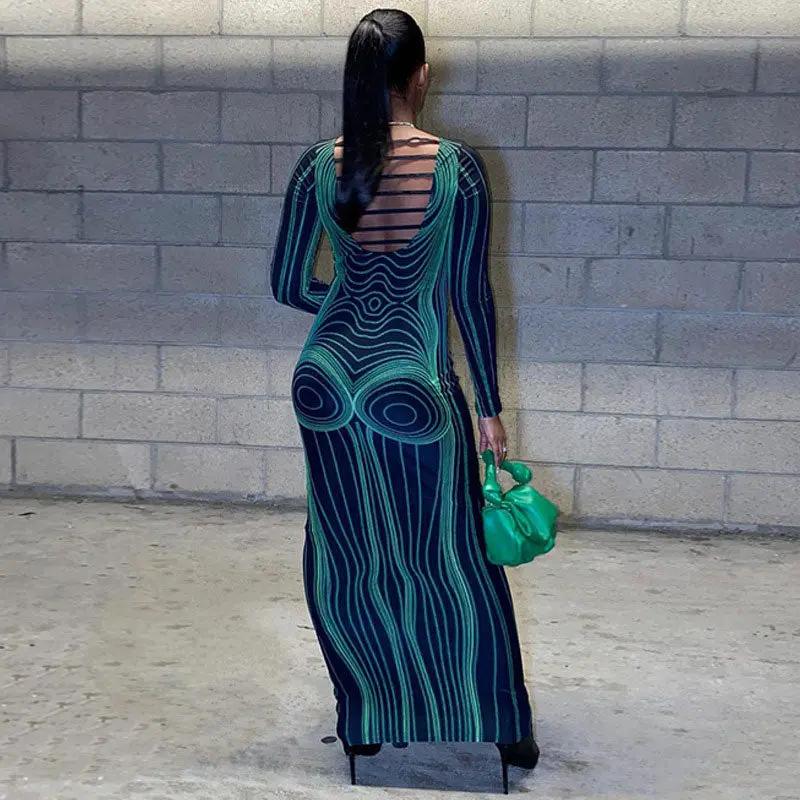 Futuristic Body Print Cut Out Long Sleeve Party Maxi Dress - Green Fashionpara