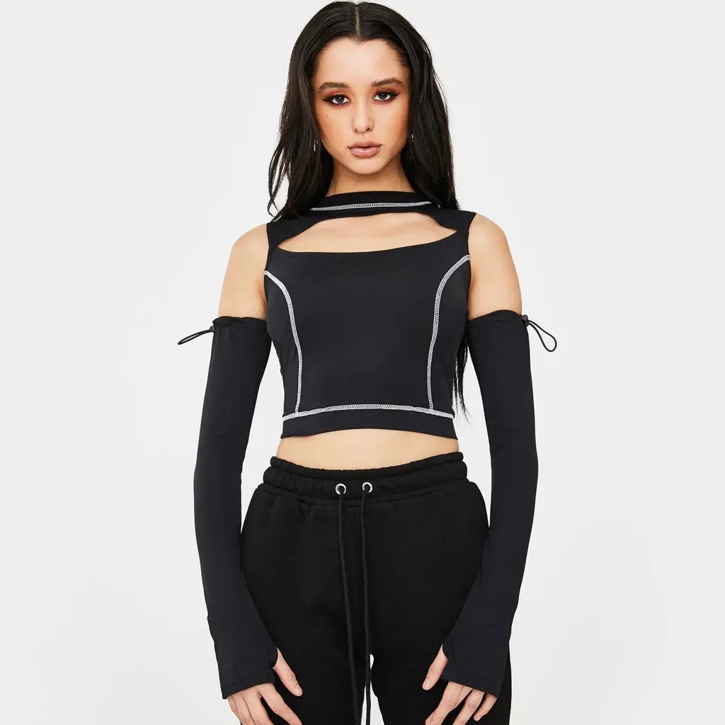 Futuristic Style High Neck Cut Out Long sleeve Crop Top - Black  Fashionpara
