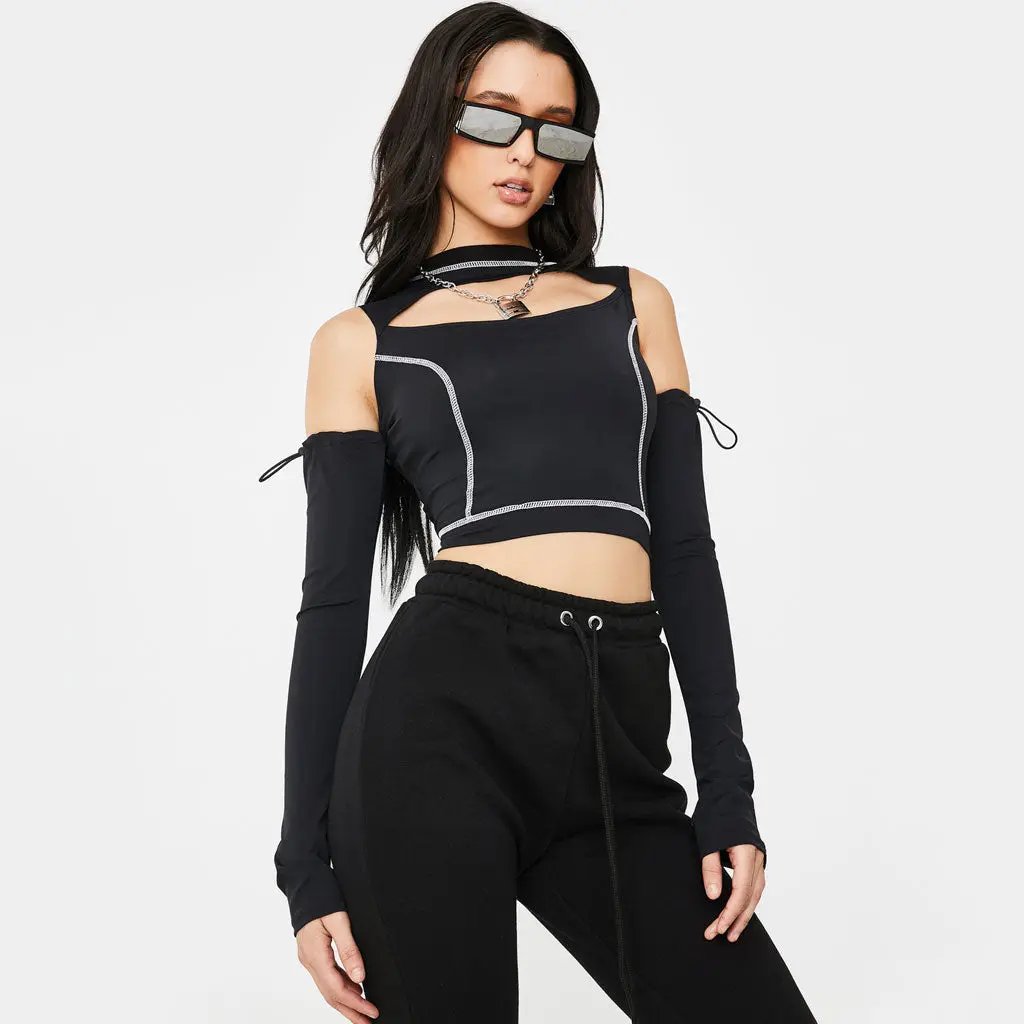 Futuristic Style High Neck Cut Out Long sleeve Crop Top - Black  Fashionpara