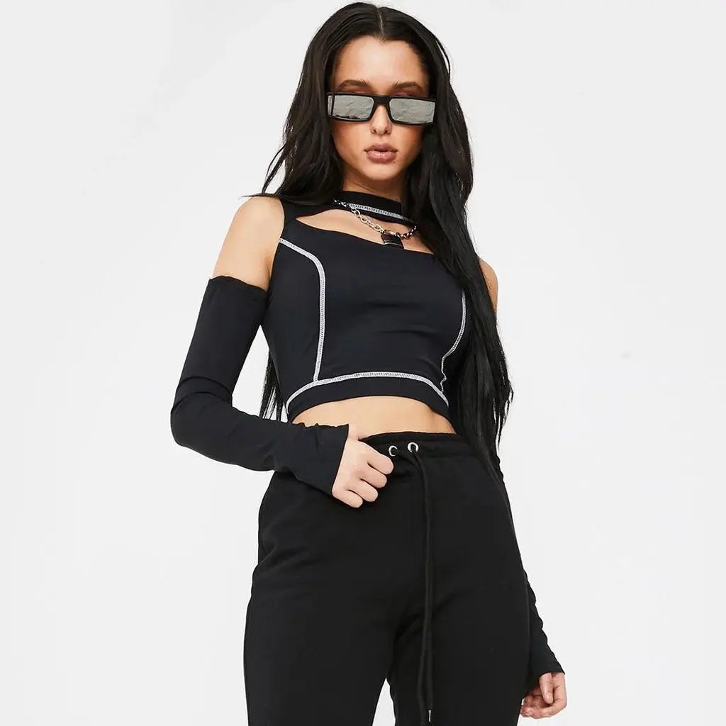 Futuristic Style High Neck Cut Out Long sleeve Crop Top - Black  Fashionpara