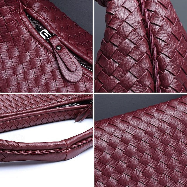 Chic Burgundy Hobo Woven Leather Bag Faux