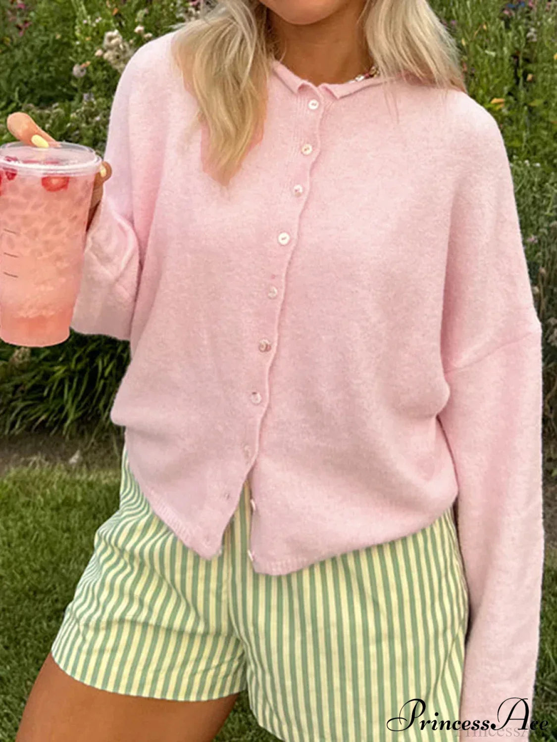 Fuzzy Button-Front Long Sleeve Knit Cardigan Pink / S