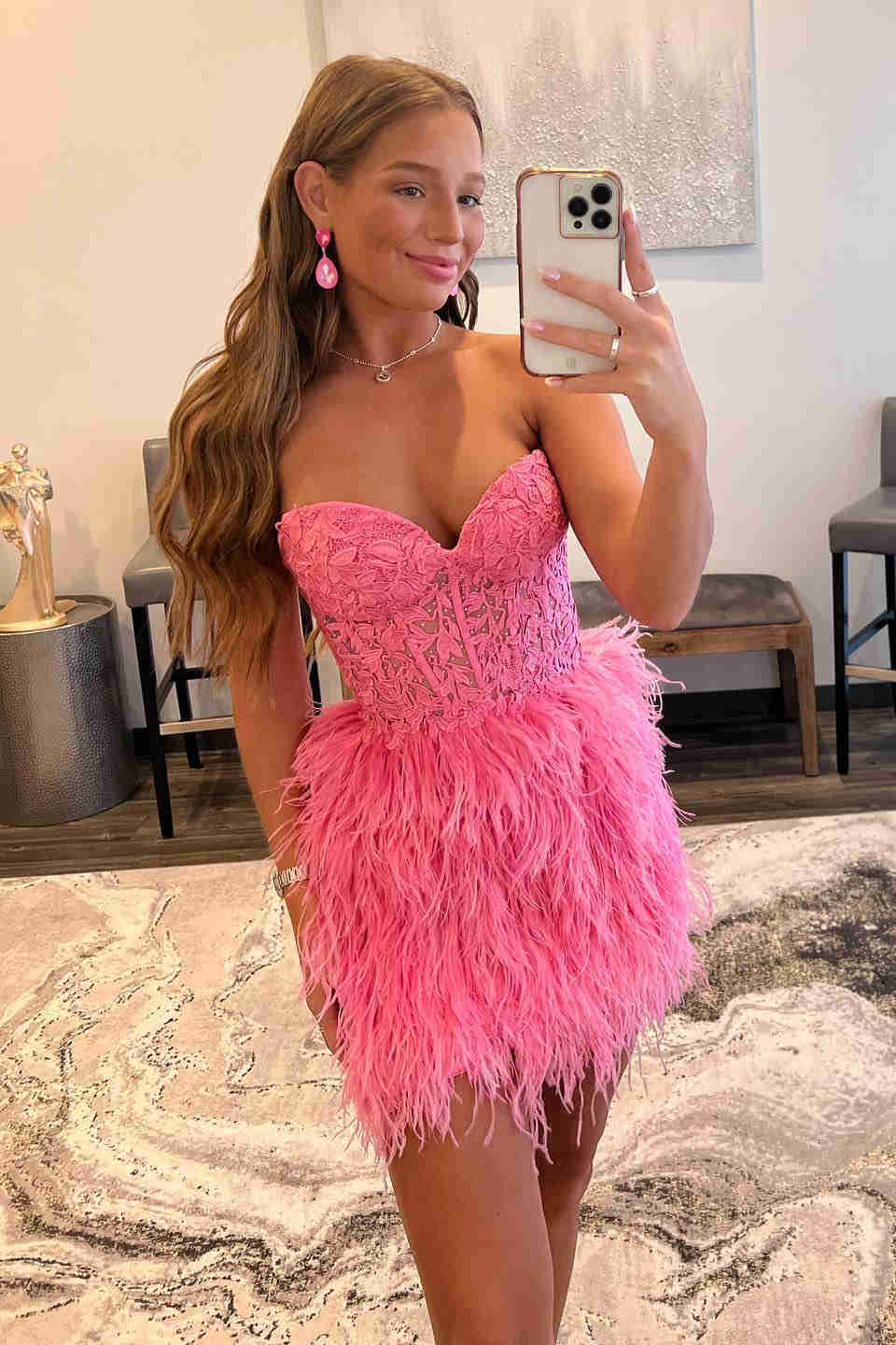 Amina Sheath Sweetheart Lace Feathered Skirt Homecoming Dress - Fashionpara