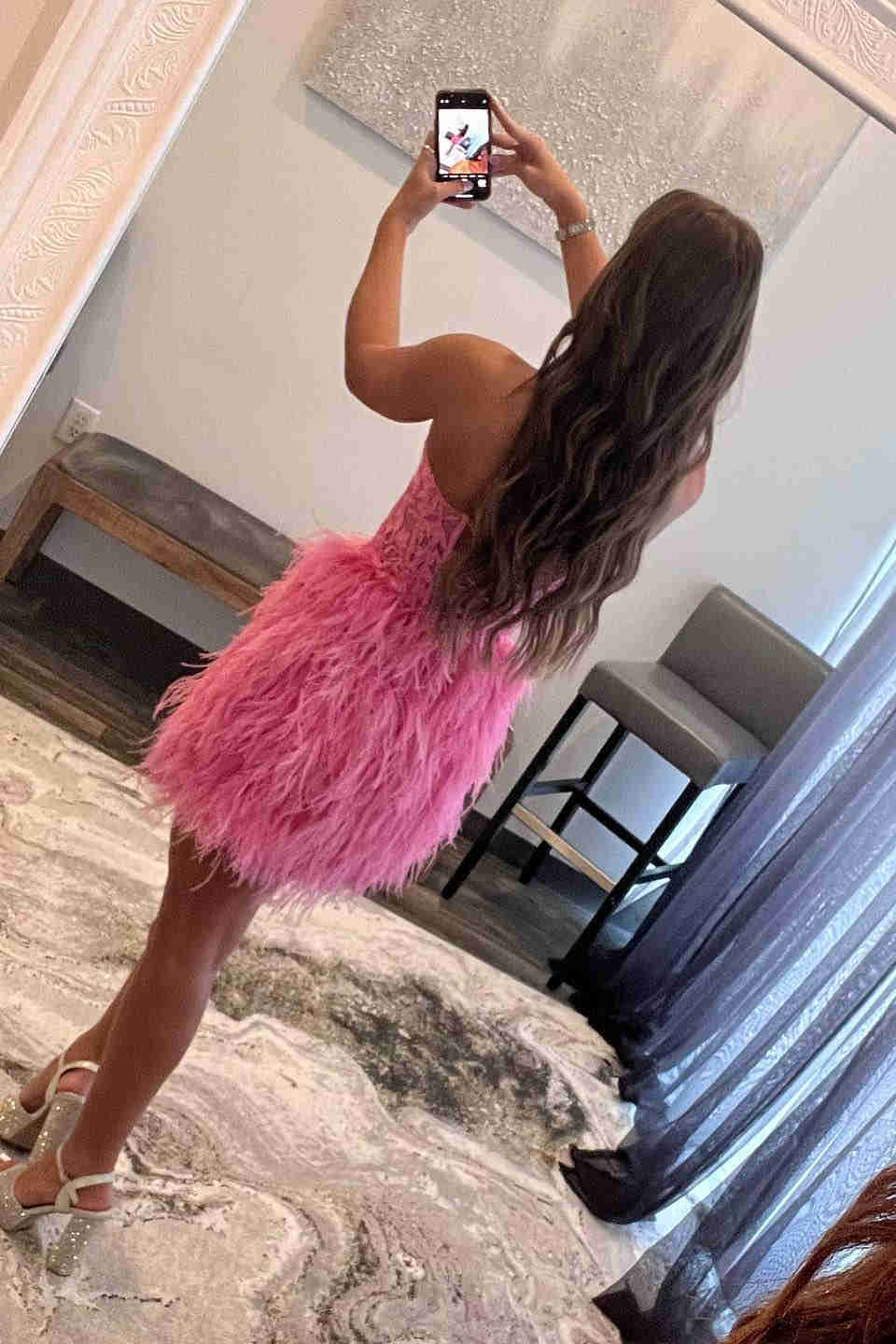 Amina Sheath Sweetheart Lace Feathered Skirt Homecoming Dress - Fashionpara