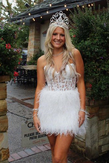 Amina Sheath Sweetheart Lace Feathered Skirt Homecoming Dress - Fashionpara