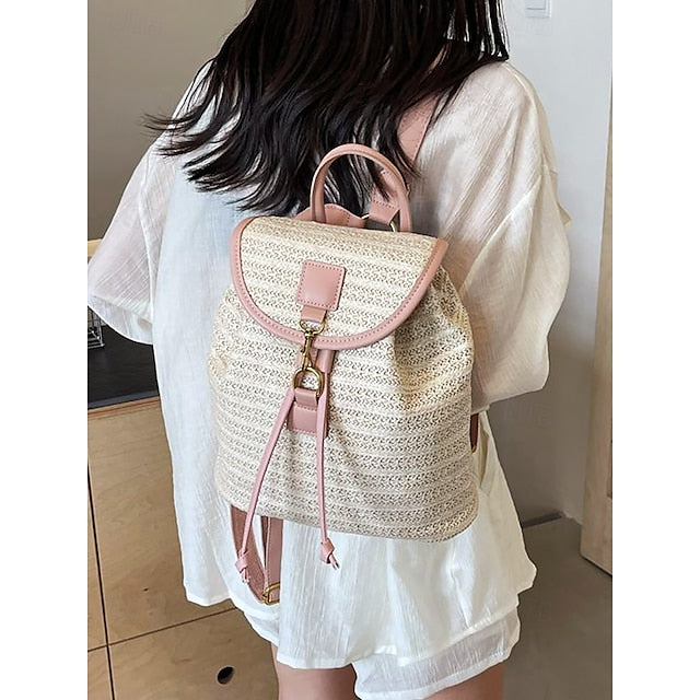 Straw Rattan with Bag Woven Boho for Backpack Travel