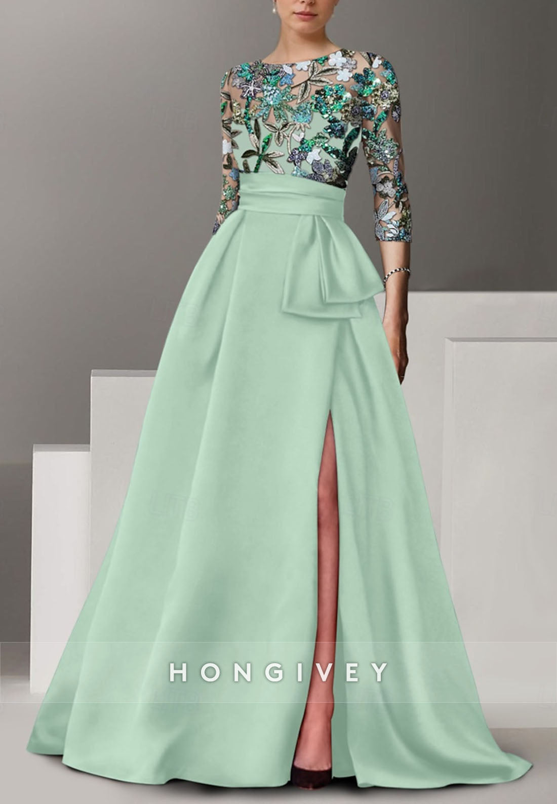 A-line Floor-Length High Slit Illusion Neck Evening Gown Beading 3/4 Sleeve Pleated Formal Dresses