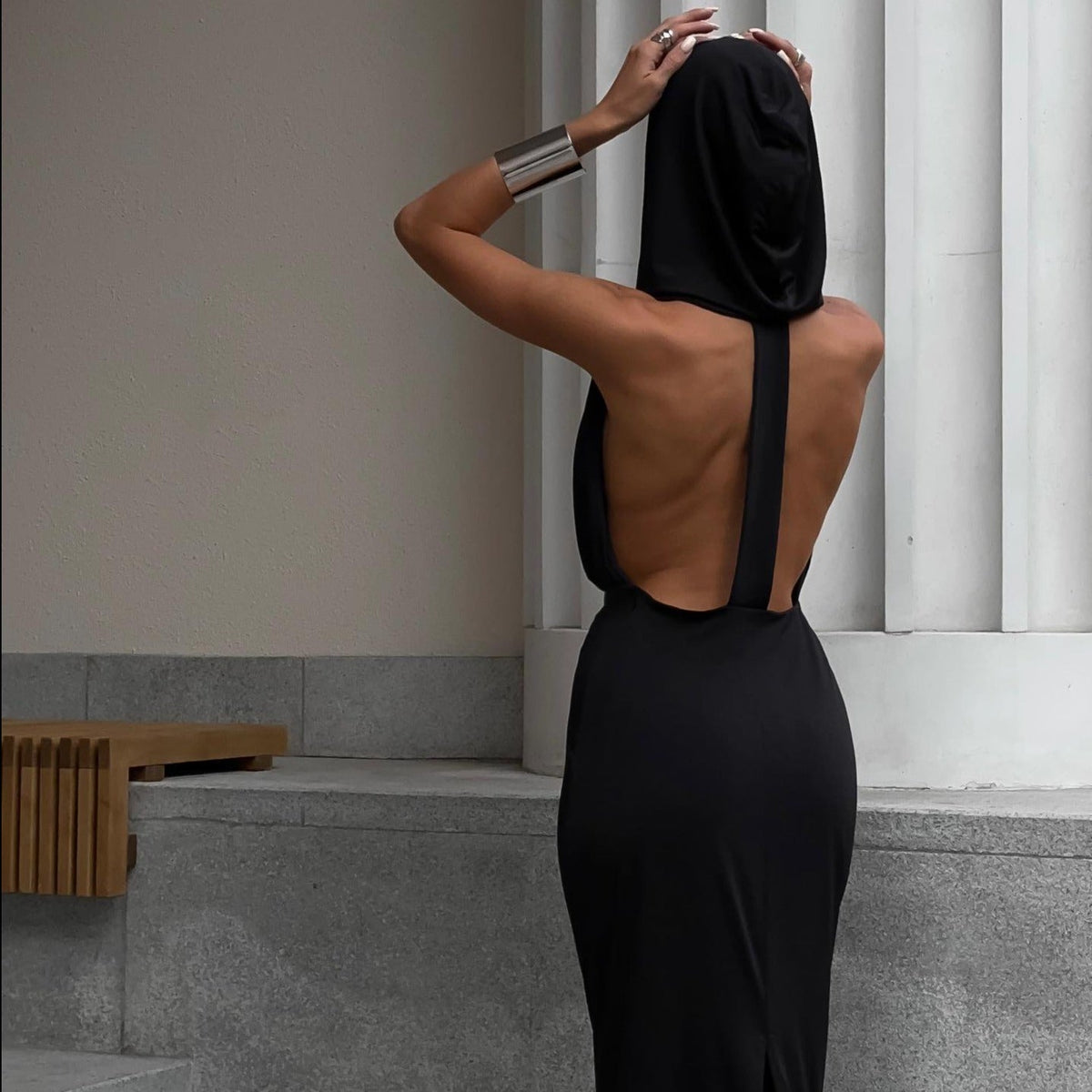 Hooded Open-Back Sleeveless Bodycon Maxi Dress