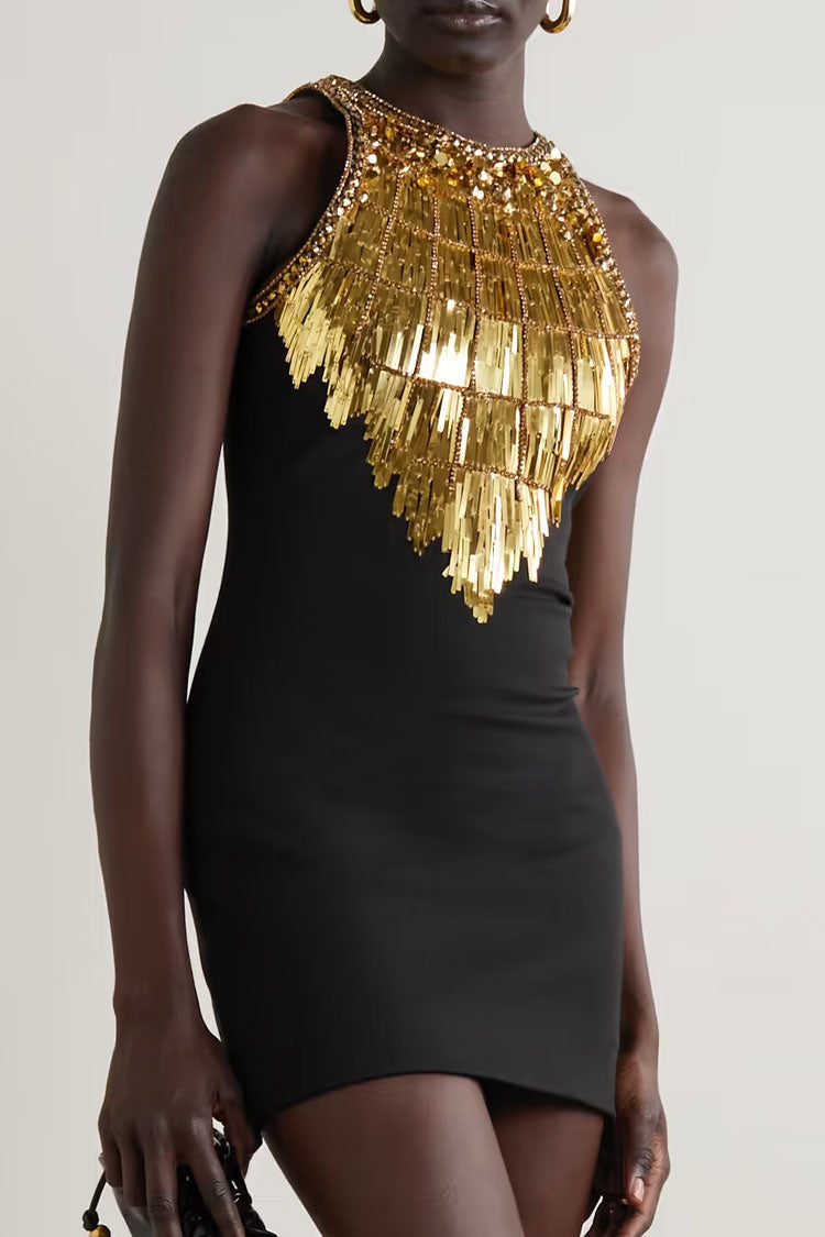 Sequin Fringe Round Neck Sleeveless Bodycon Party Mini Dress
