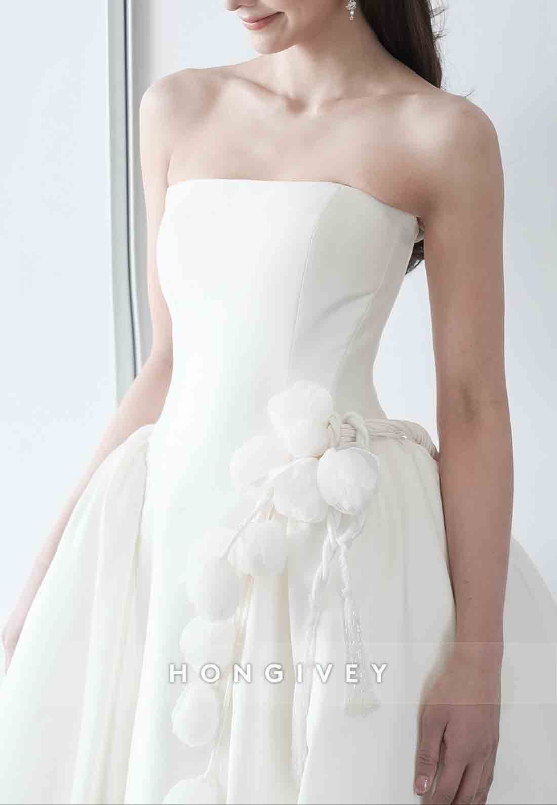 3D Floral Strapless Satin Court Train Princess Wedding Dresses