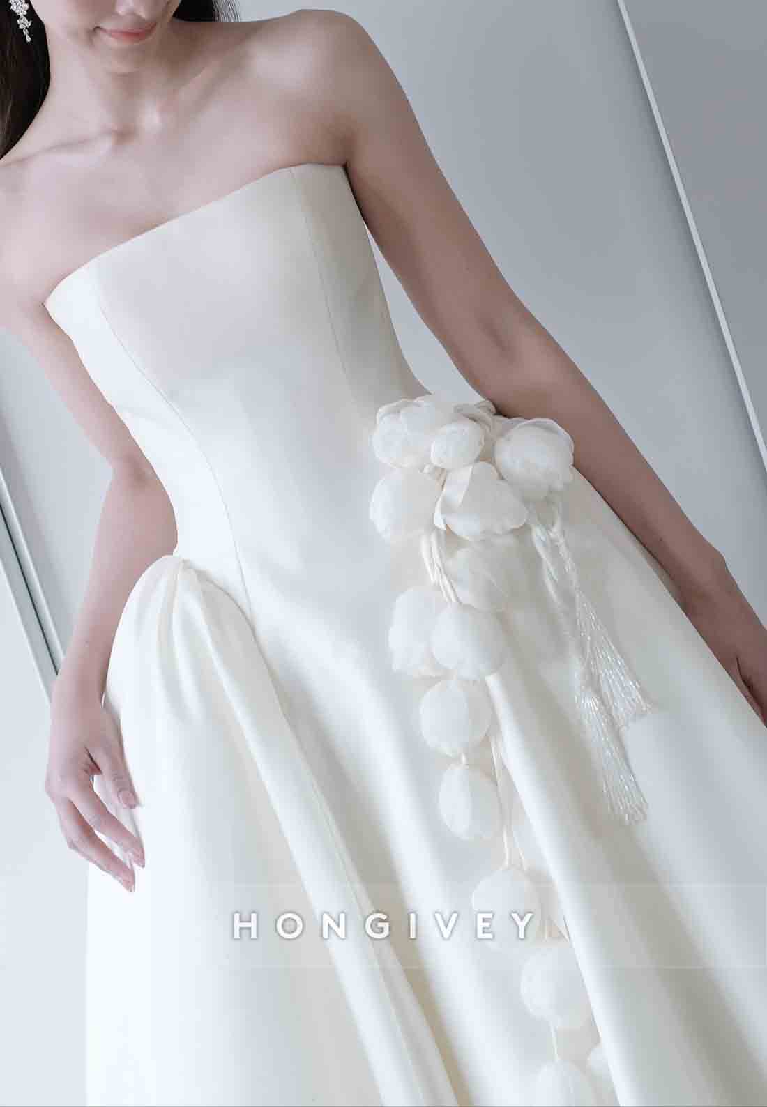 3D Floral Strapless Satin Court Train Princess Wedding Dresses