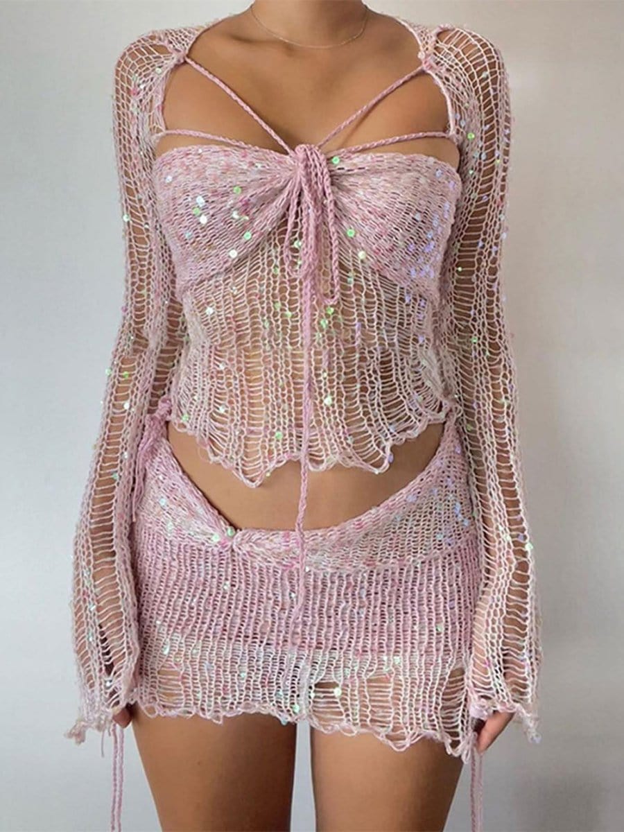 Gemma Knitted Hollow Out Top & Skirt Set - Fashion Pov