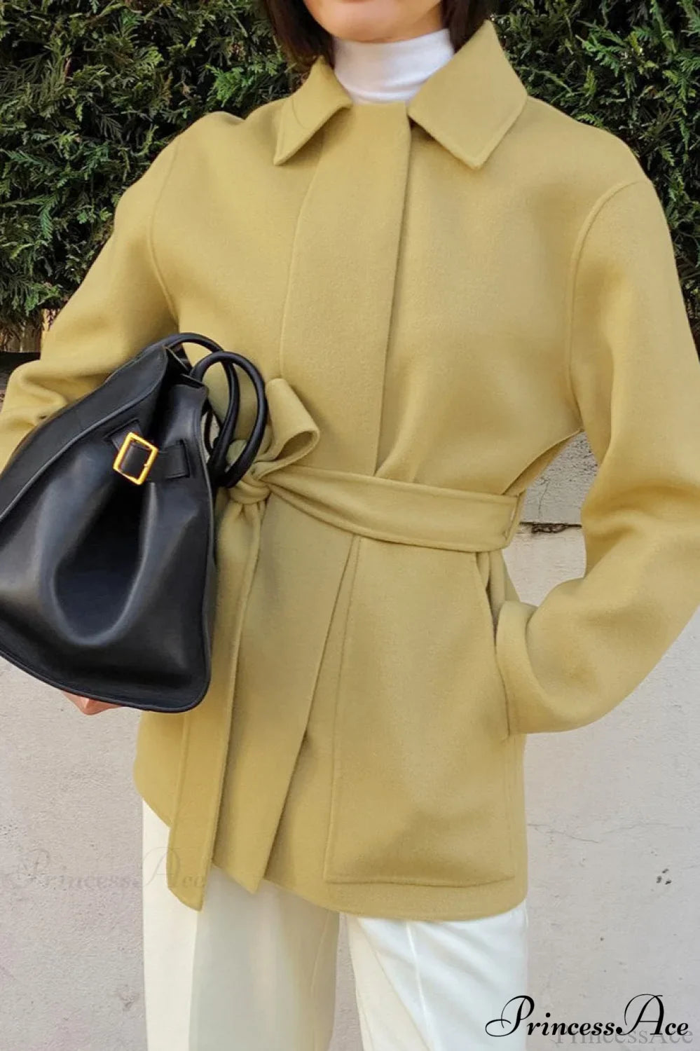 Gentle Sweet Tie Wool Mid-Length Pocket Coat Yellow / S