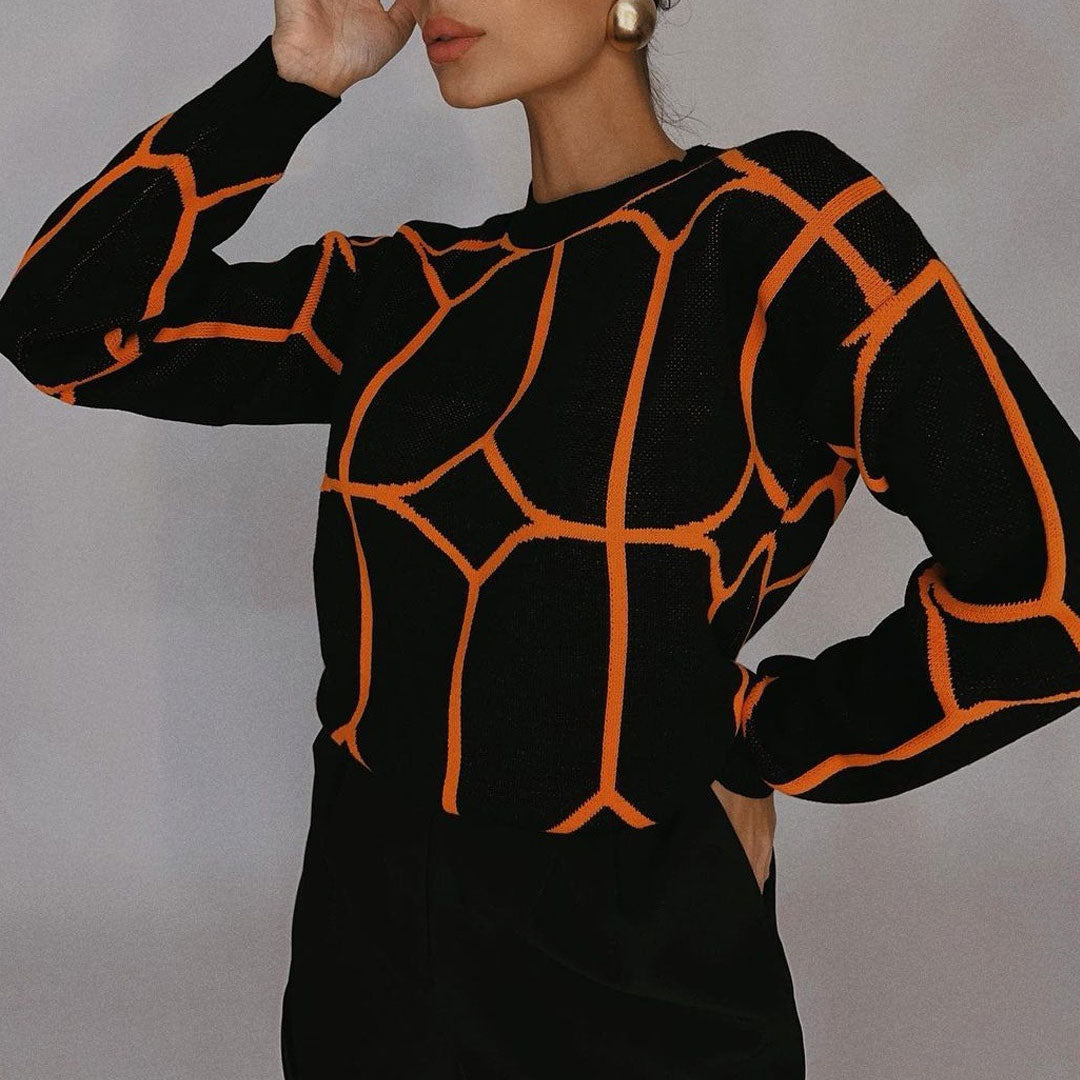 Geometric Pattern Crew Neck Drop Shoulder Long Sleeve Sweater - Black 3