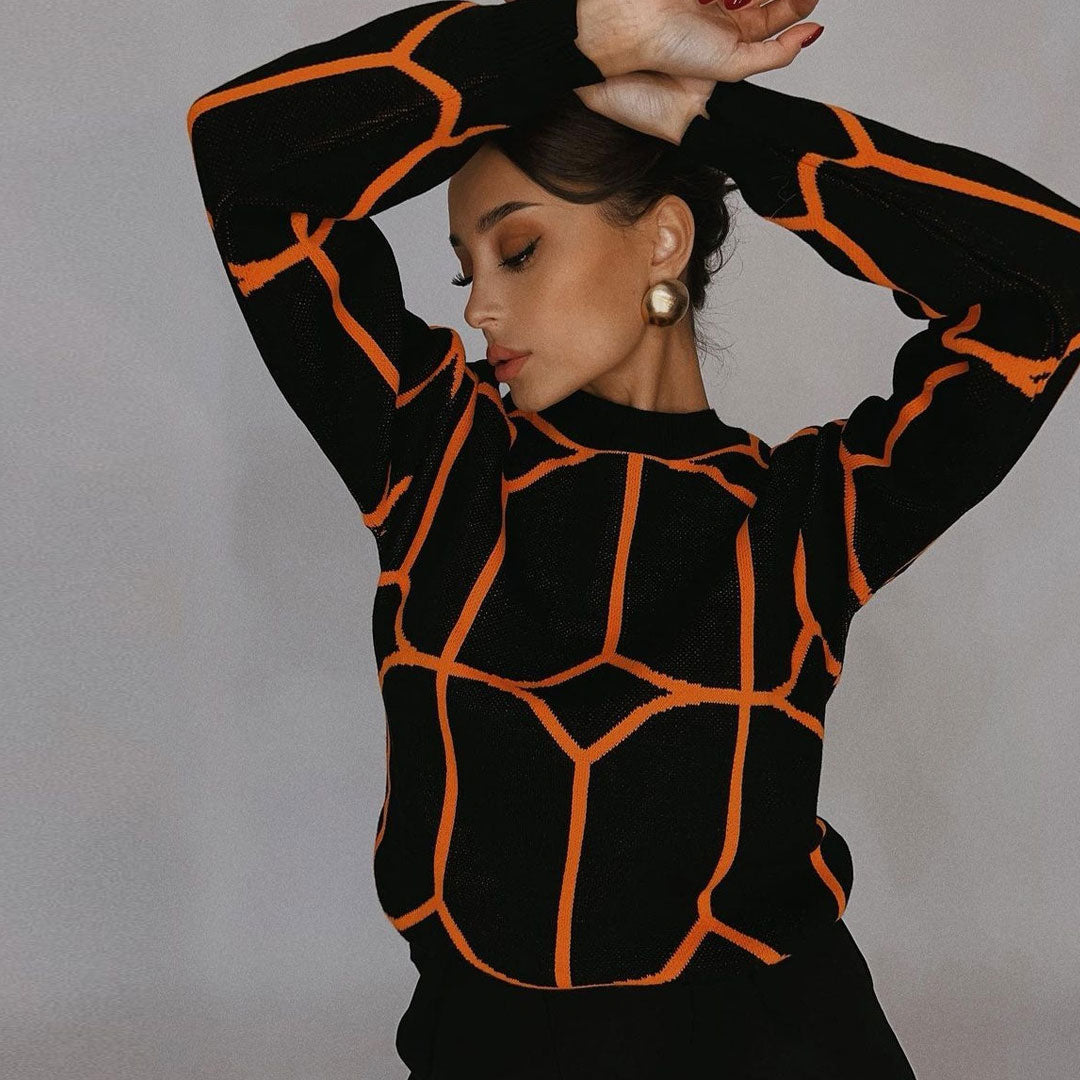 Geometric Pattern Crew Neck Drop Shoulder Long Sleeve Sweater - Black 2