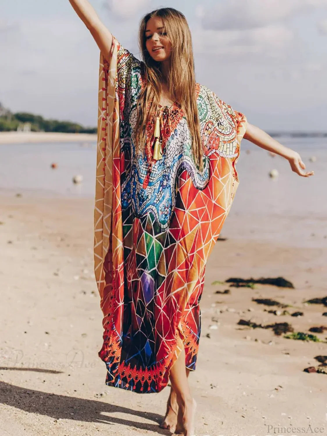 Geometric Printed Lace Up V-Neck Cover Up