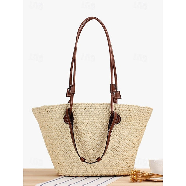 Chic Large Bag Straw Tote with Straps Leather Boho