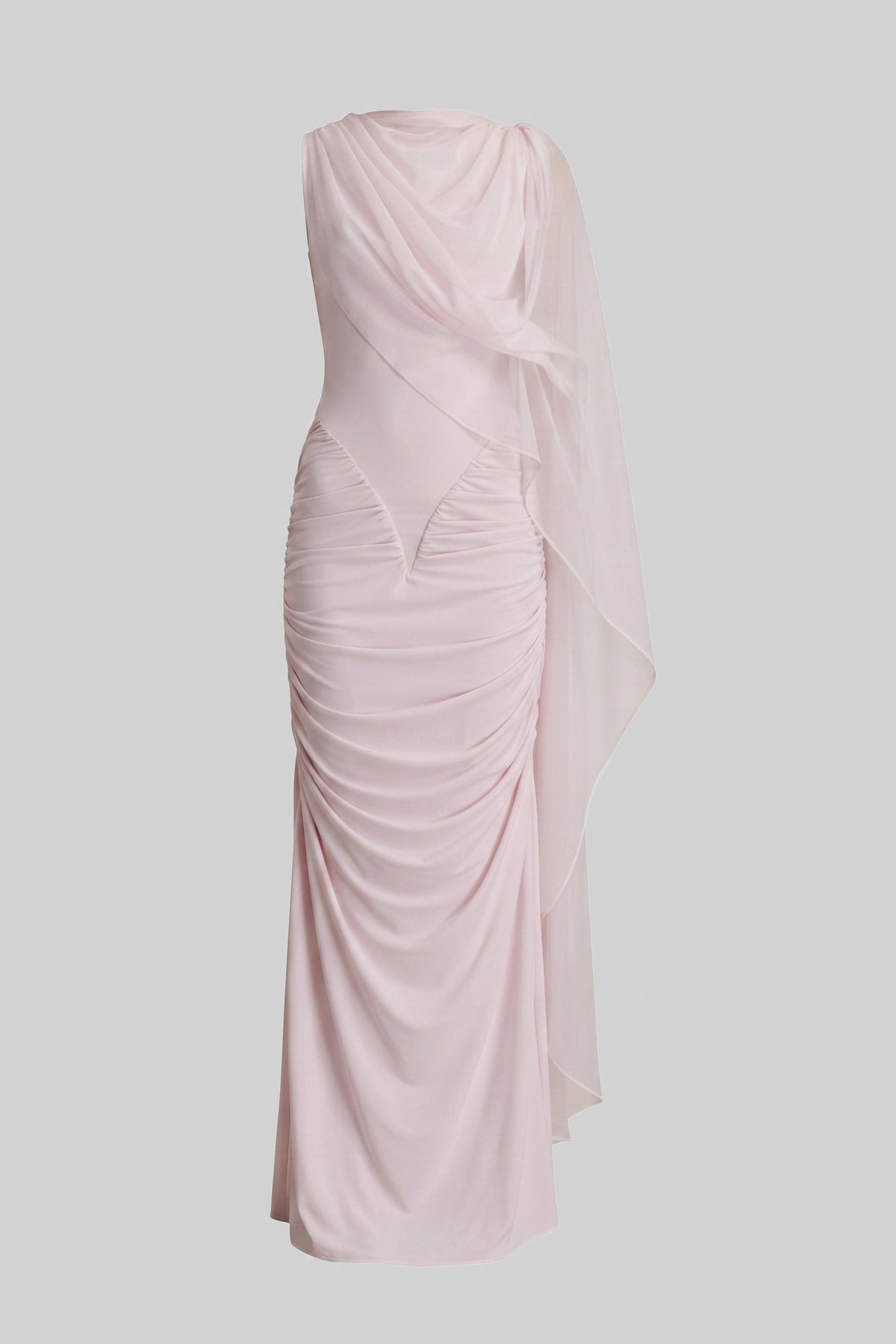 One Shoulder Sheer Drape Overlay Ruched Maxi Gown - View 2