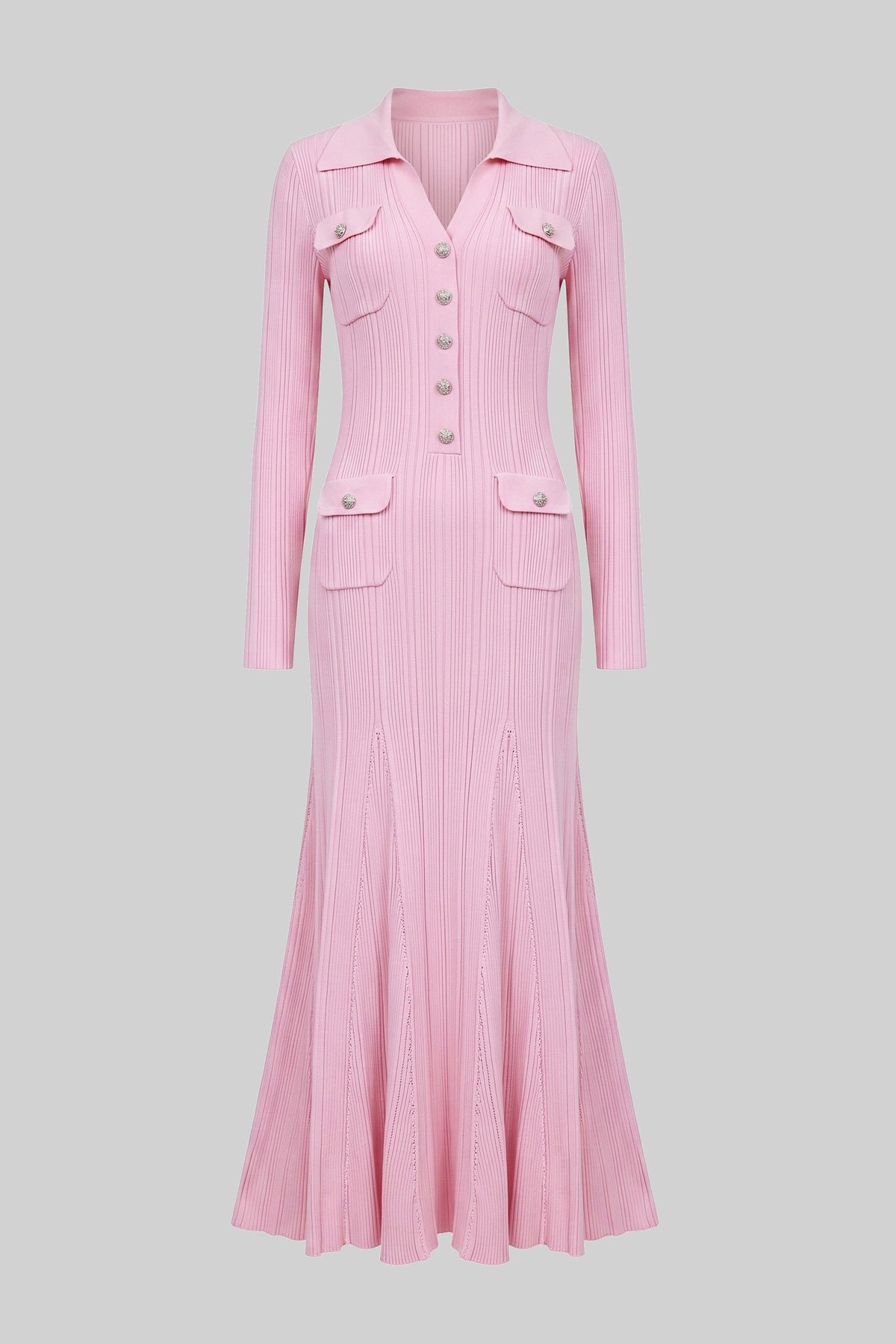 Long-Sleeve Button-Front Knit Maxi Dress With Patch Pockets - Pink - View 2