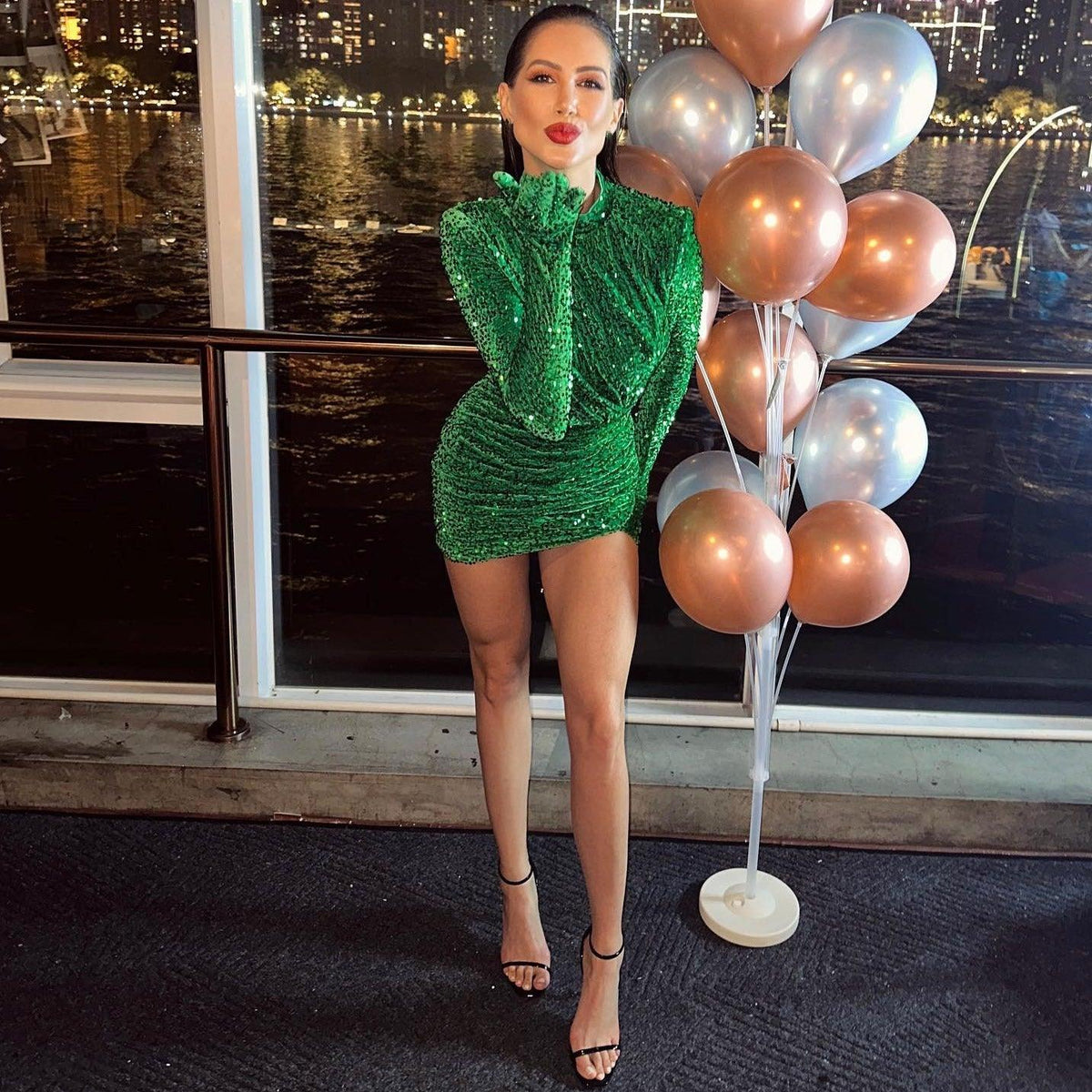 Sequin High-Neck Long-Sleeve Glove-Cuff Ruched Mini Dress 7