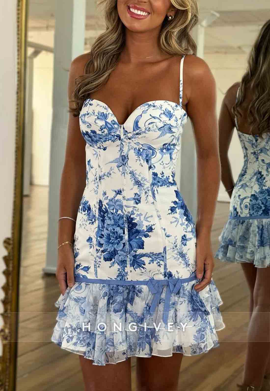 Floral Print Sleeveless Sweetheart Pleated Spaghetti Straps Short Homecoming Dresses