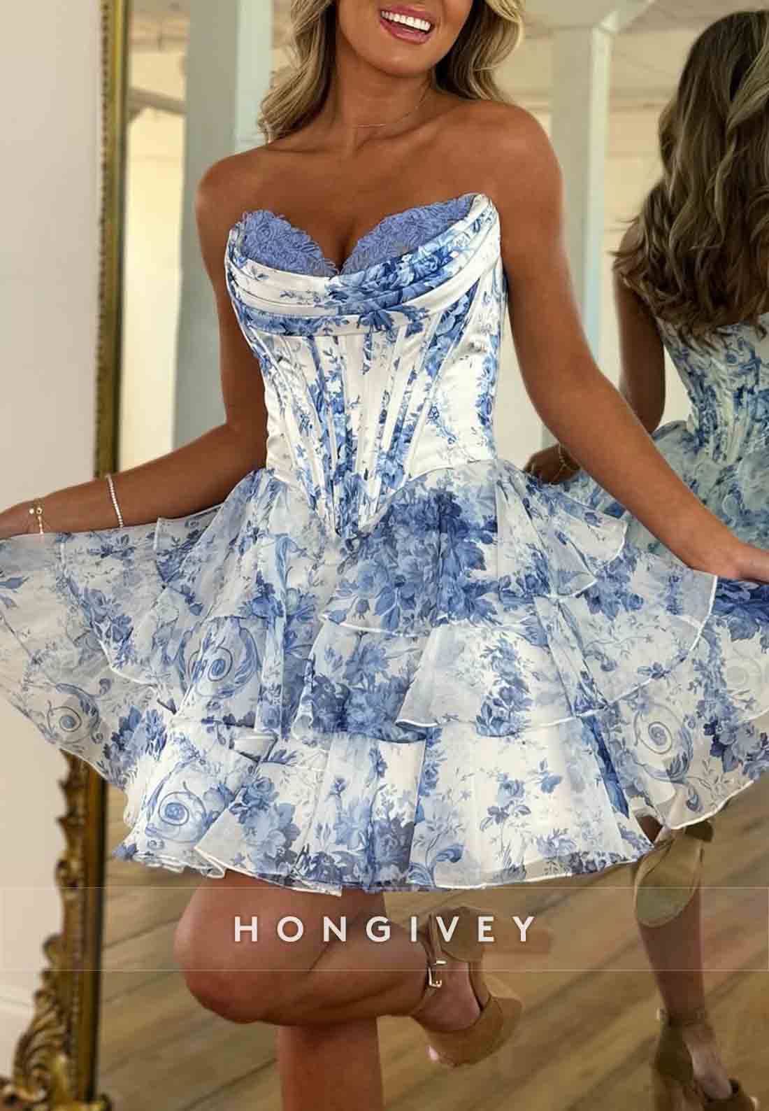 Floral Print Strapless Ruffles Sleeveless Pleated A-Line Short Homecoming dresses