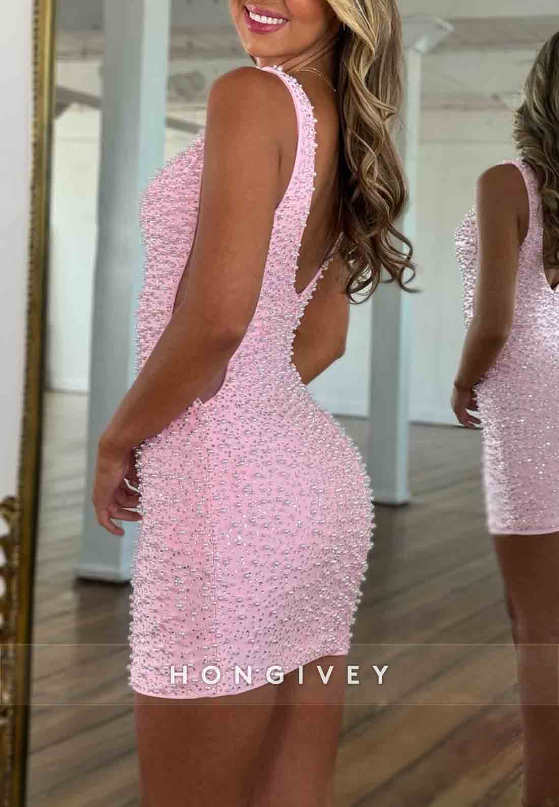 V-Neck Sleeveless Sheath Regular Straps Beading V Back Mini Homecoming Dresses