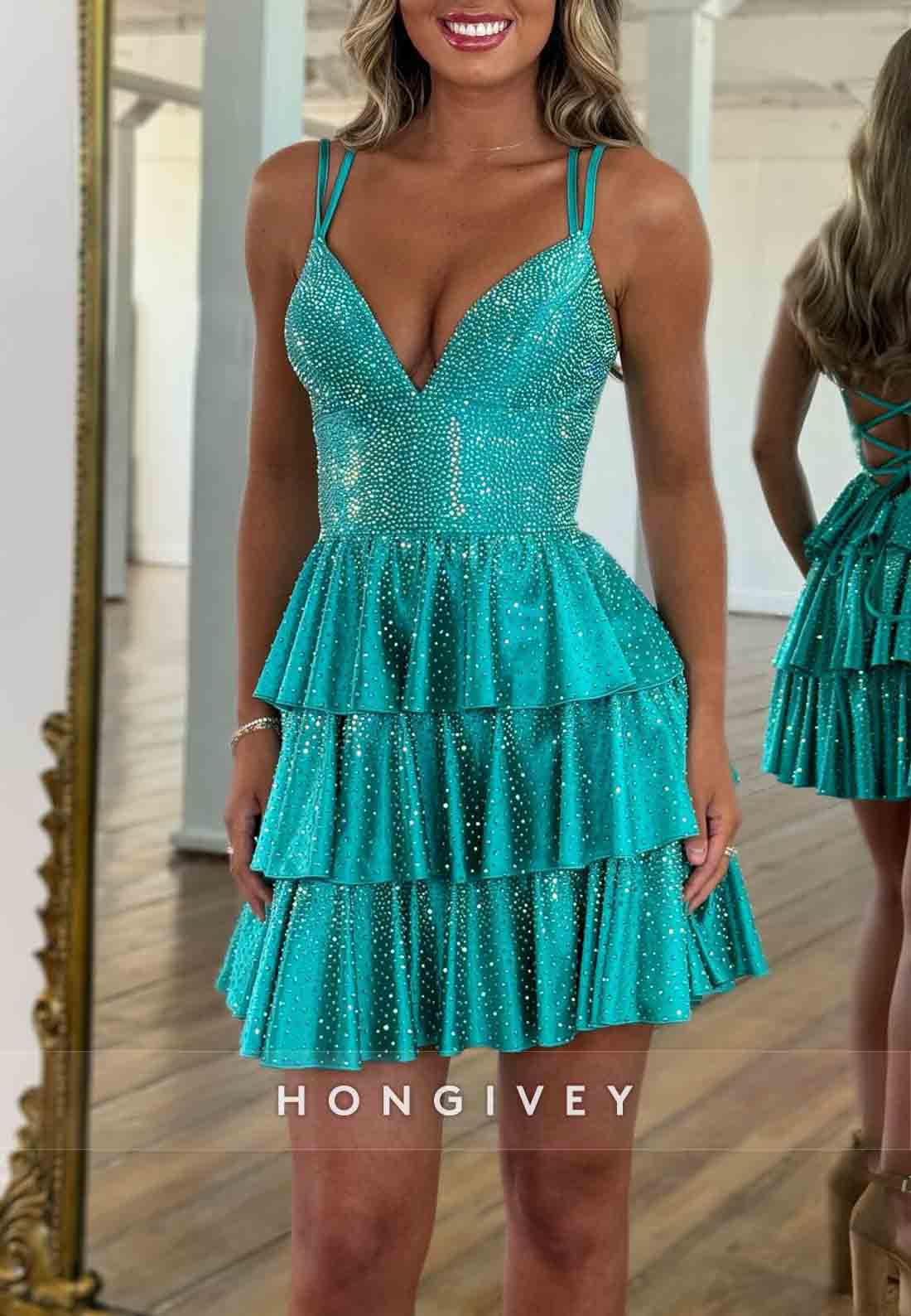Low V-Neck Sleeveless Glitter Ruffles Crisscross Back A-Line Homecoming Dresses