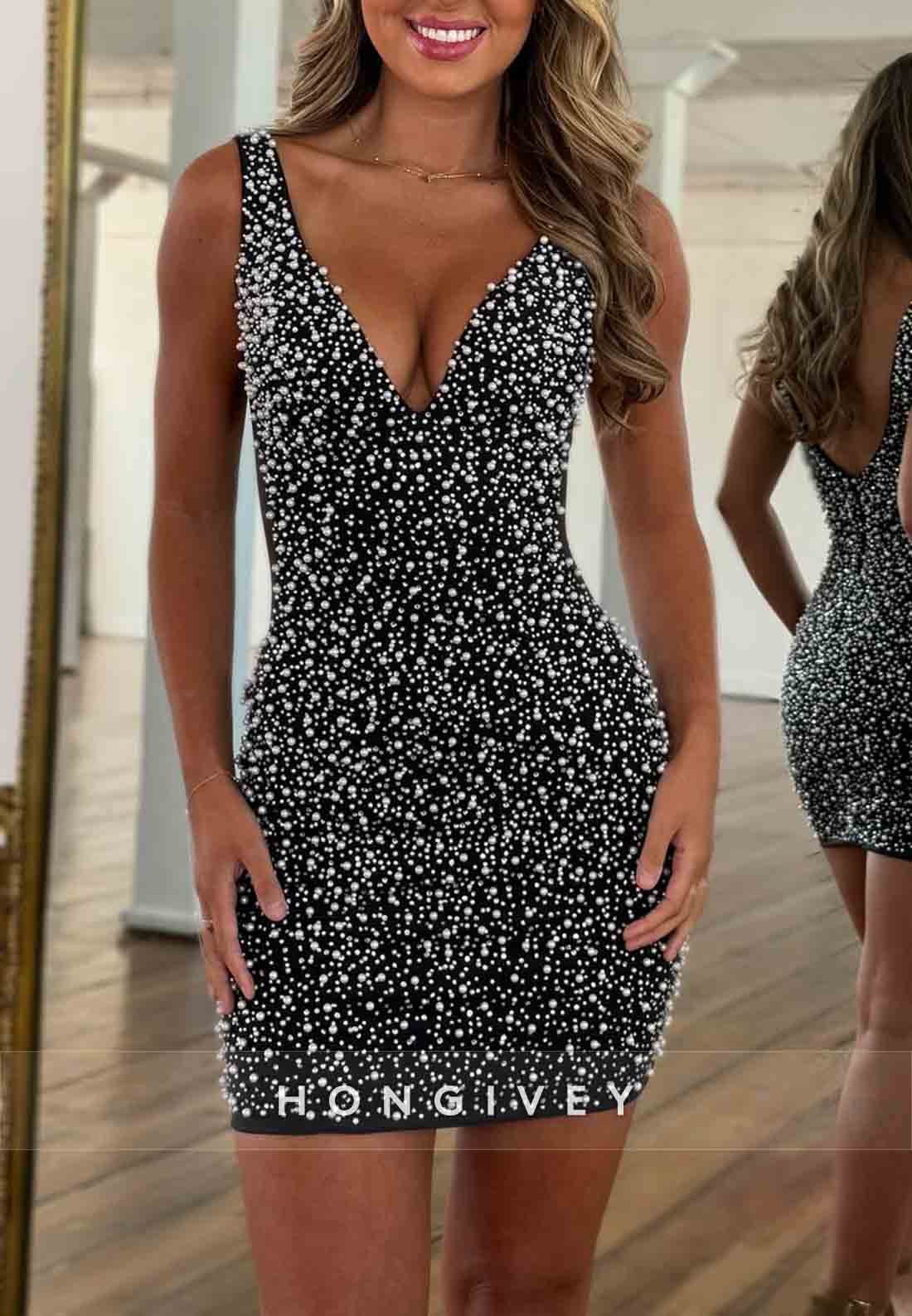 V-Neck Sleeveless Sheath Regular Straps Beading V Back Mini Homecoming Dresses