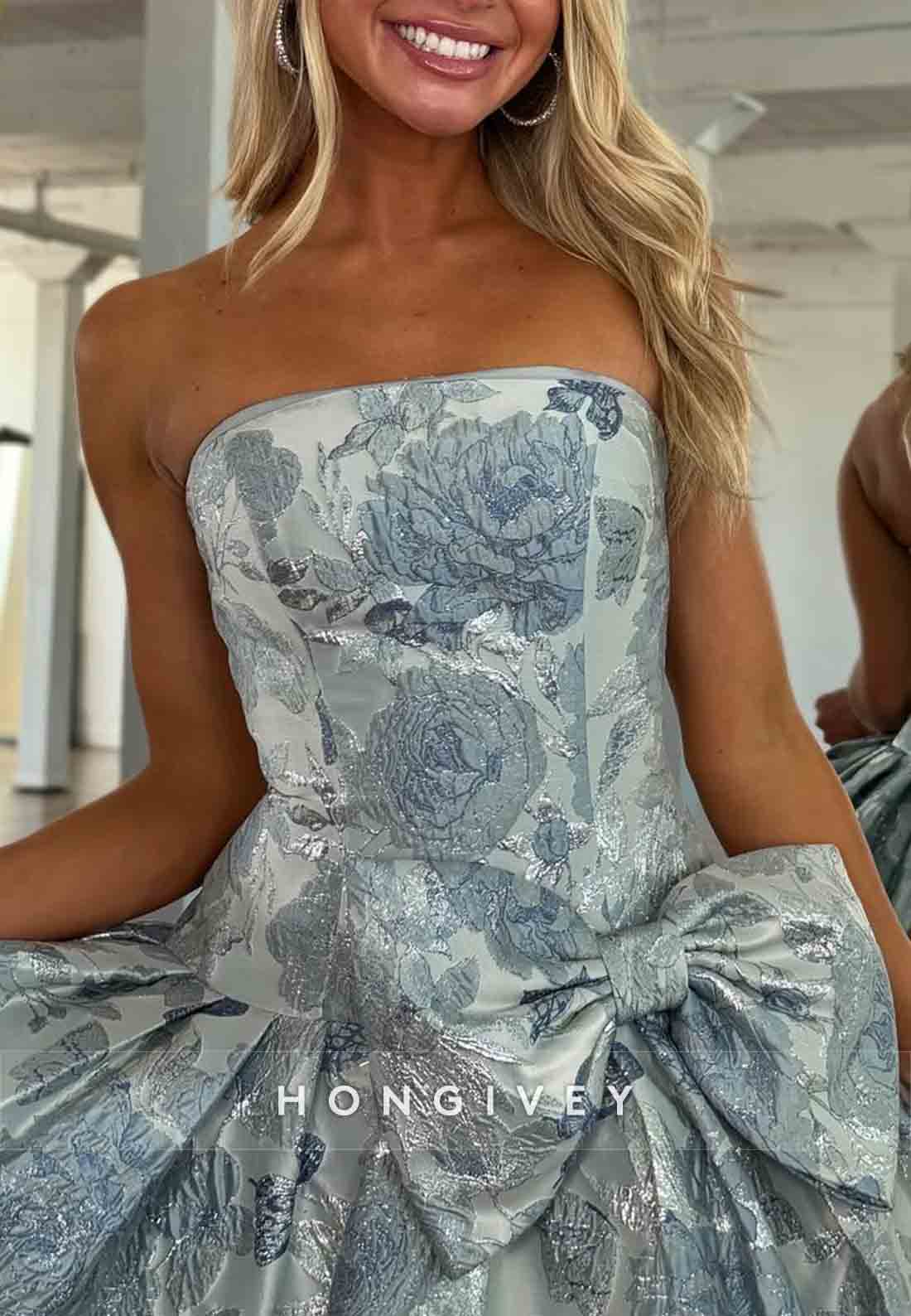 Strapless Floral Print Bowknot Sleeveless Ball Gown Pleated Short Homecoming Dresses