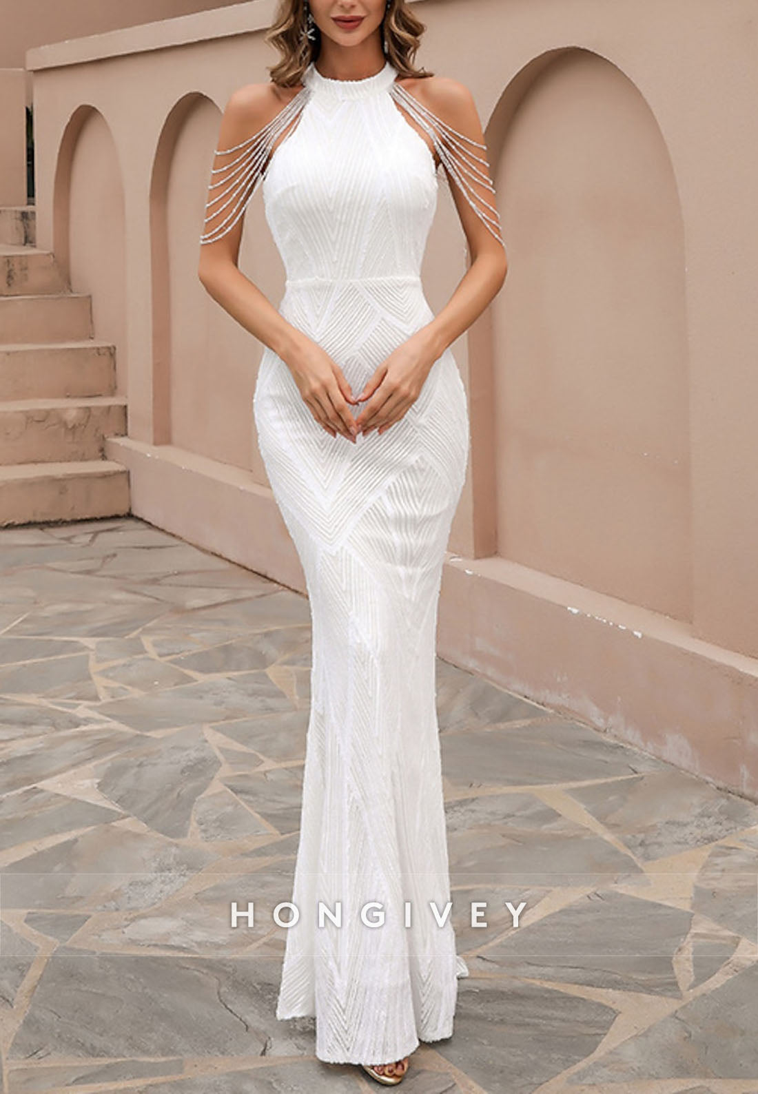 Floor-Length Halter Sleeveless Pleated Mermaid Evening Gown - Fashionpara