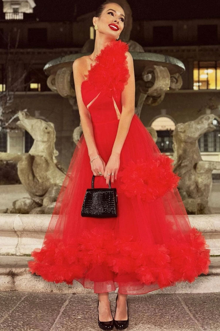 Glamorous 3D Rosette One Shoulder A Line Tulle Evening Maxi Dress - Red Fashionpara