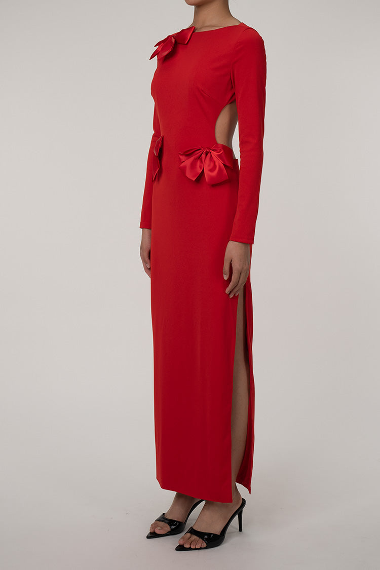 Glamorous Big Bow Crew Neck Long Sleeve Cutout Back Split Evening Maxi Dress - Red Fashionpara