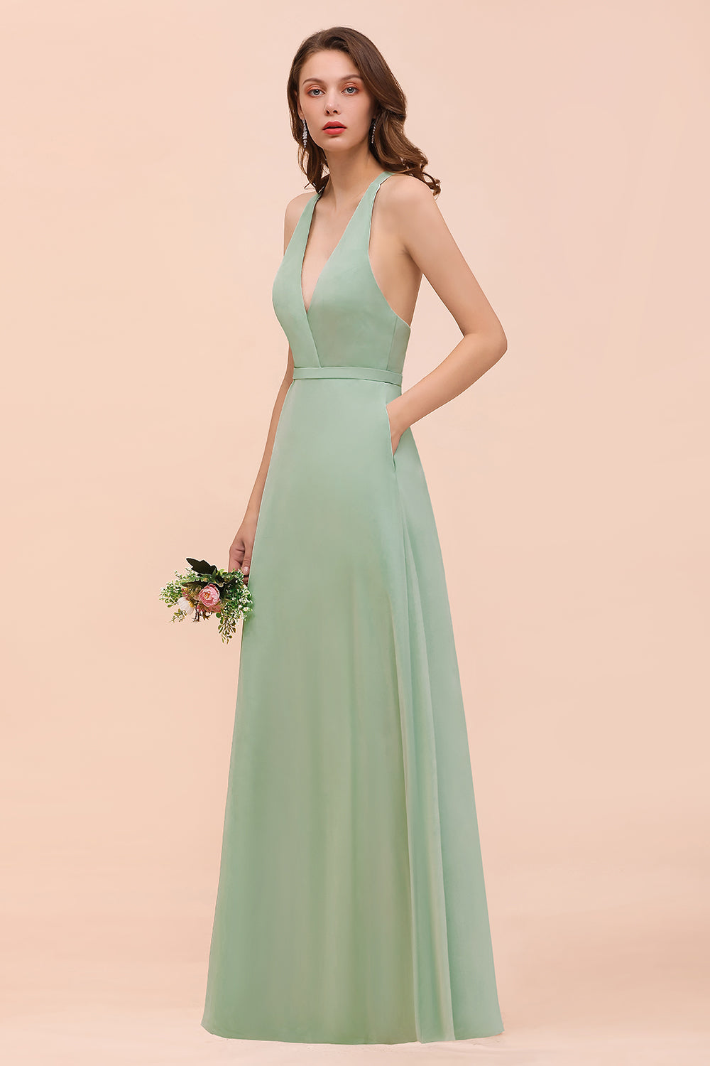 Glamorous Dusty Sage V-Neck Straps Affordable Bridesmaid Dresses - Fashionpara