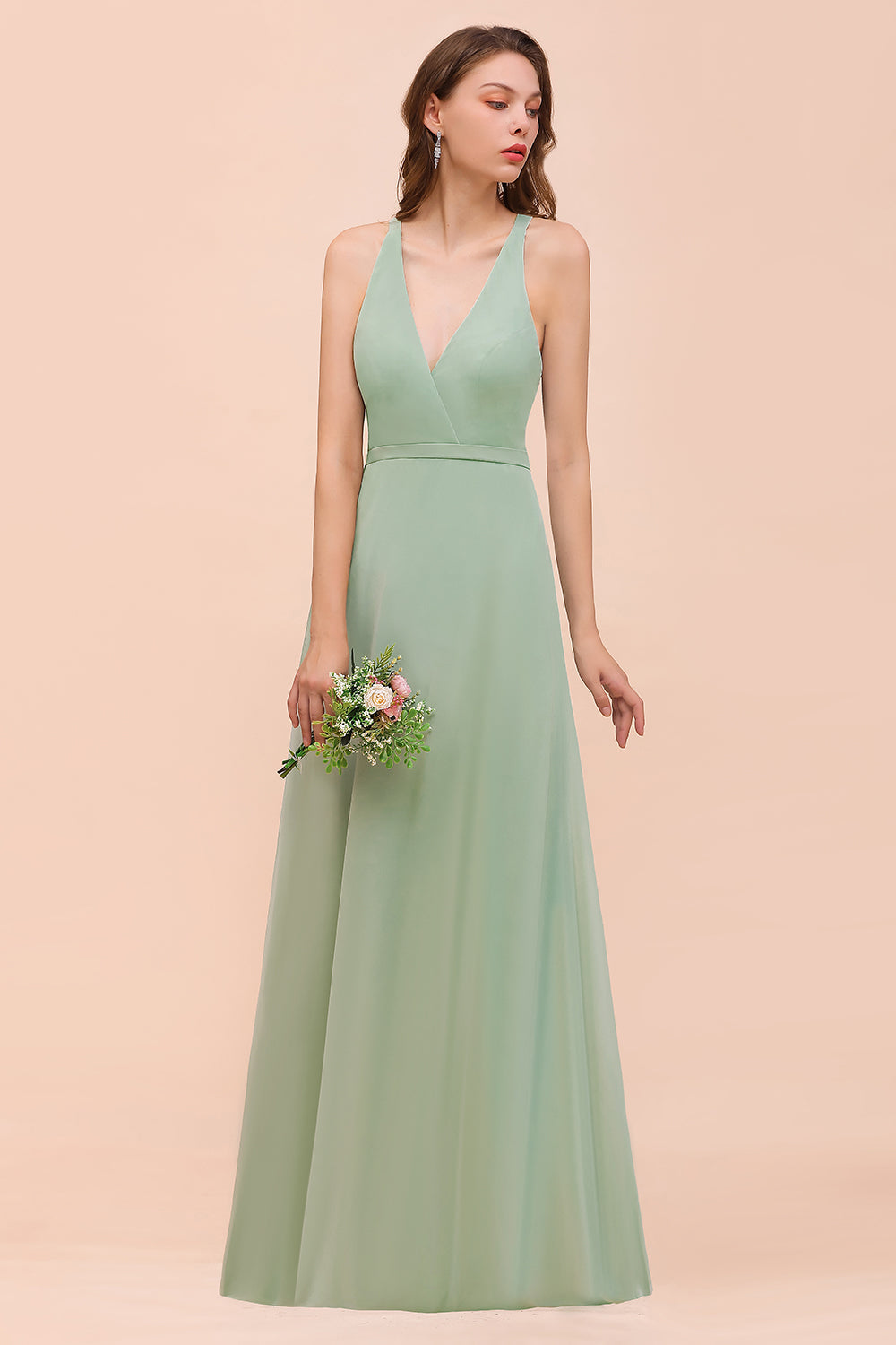 Glamorous Dusty Sage V-Neck Straps Affordable Bridesmaid Dresses - Fashionpara