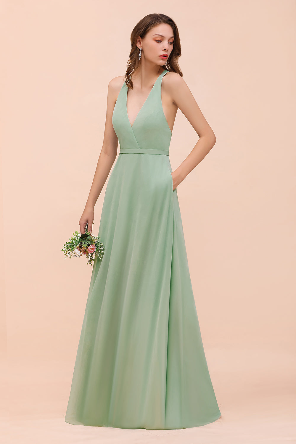 Glamorous Dusty Sage V-Neck Straps Affordable Bridesmaid Dresses - Fashionpara