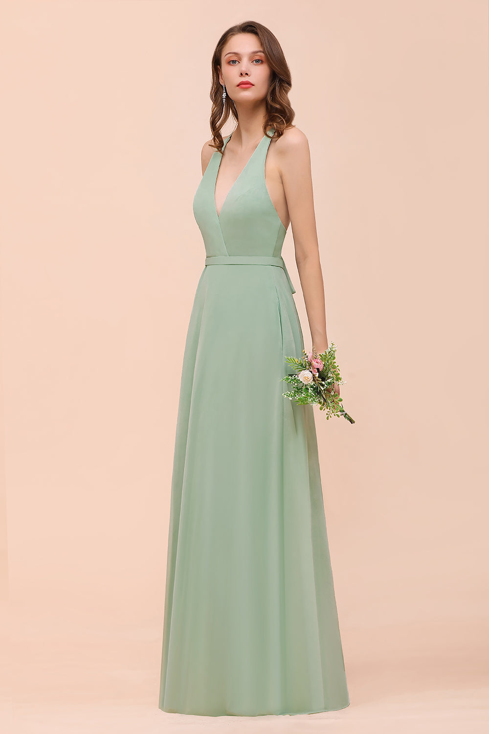 Glamorous Dusty Sage V-Neck Straps Affordable Bridesmaid Dresses - Fashionpara