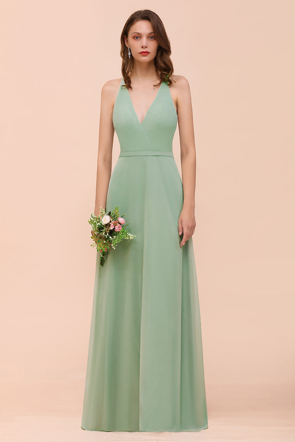Glamorous Dusty Sage V-Neck Straps Affordable Bridesmaid Dresses - Fashionpara