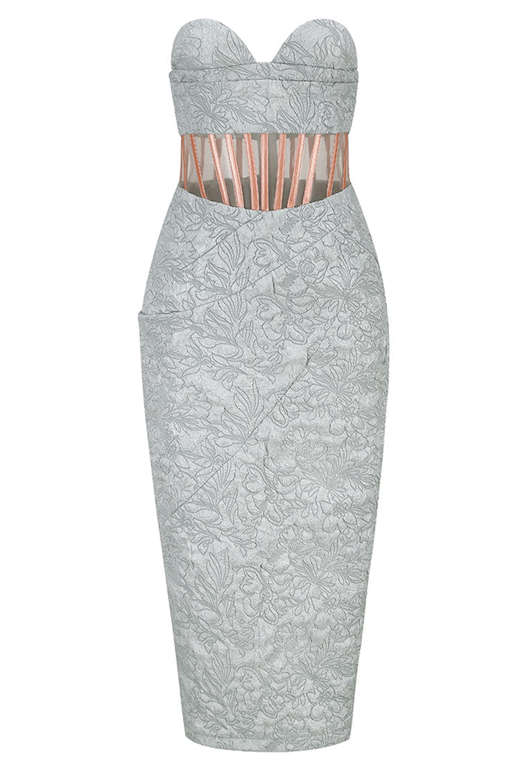 Floral Jacquard Strapless Corset Bodice Midi Dress 4