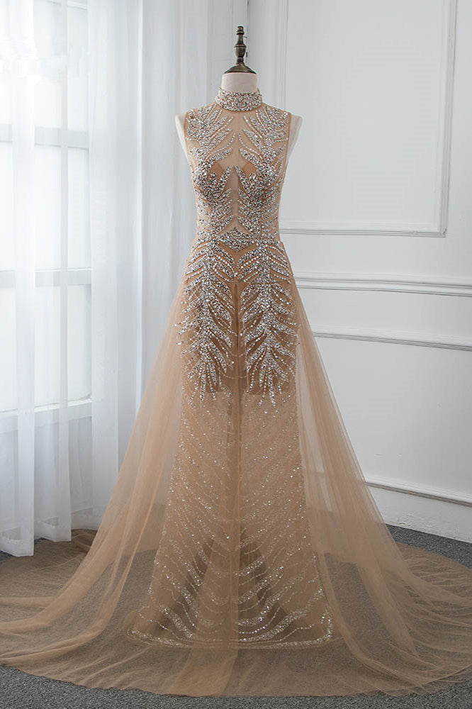 Glamorous High-Neck Beadings Appliques Prom Dresses with Rhinestones - Fashionpara