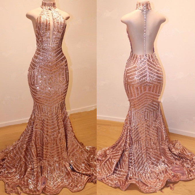 Glamorous High-Neck Sleeveless Sequins Mermaid Long Sequins Evening Gowns