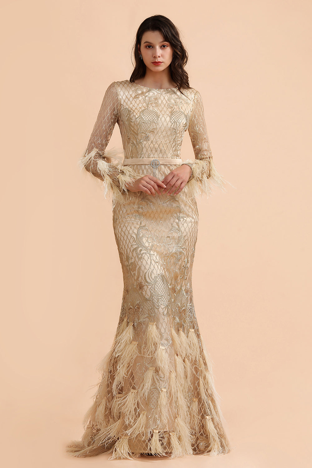 Glamorous Jewel Lace Appliques Prom Dresses Long Sleeves Mermaid Formal Dresses with Fur - Fashionpara