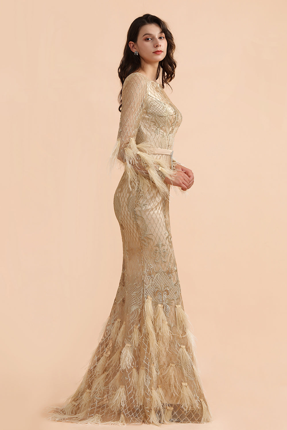 Glamorous Jewel Lace Appliques Prom Dresses Long Sleeves Mermaid Formal Dresses with Fur - Fashionpara
